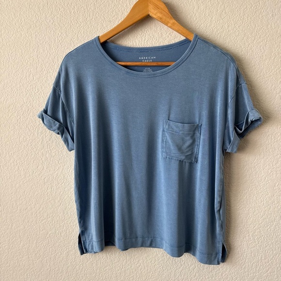 American Eagle Soft & Sexy Blue Roll Sleeve Crewneck Pocket T Shirt Size Small - Picture 2 of 11